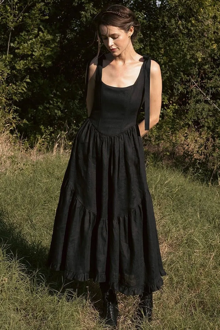 Mirabelle Dress in Black Linen sold by Of Her Own Kind