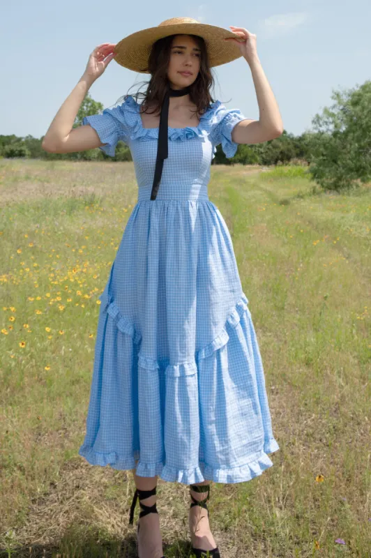 Adeline Dress in Blue Gingham sold by Of Her Own Kind
