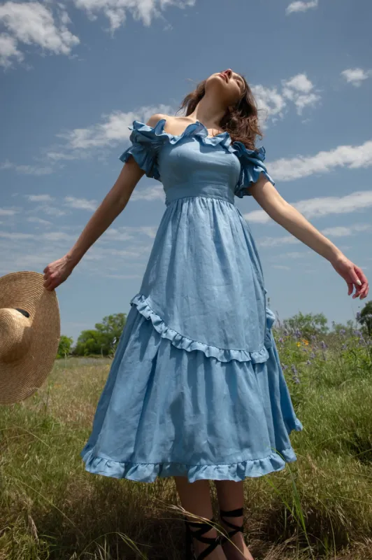 Adeline Dress in Bluebell Linen sold by Of Her Own Kind