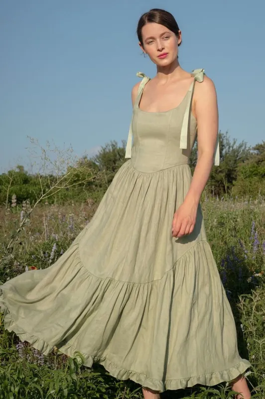 Mirabelle Dress in Sage Linen sold by Of Her Own Kind