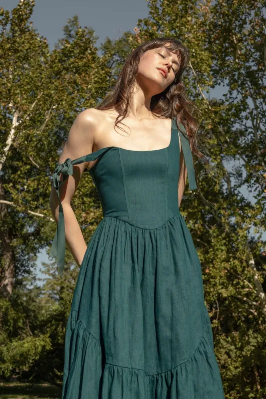 Mirabelle Dress in Juniper Linen sold by Of Her Own Kind