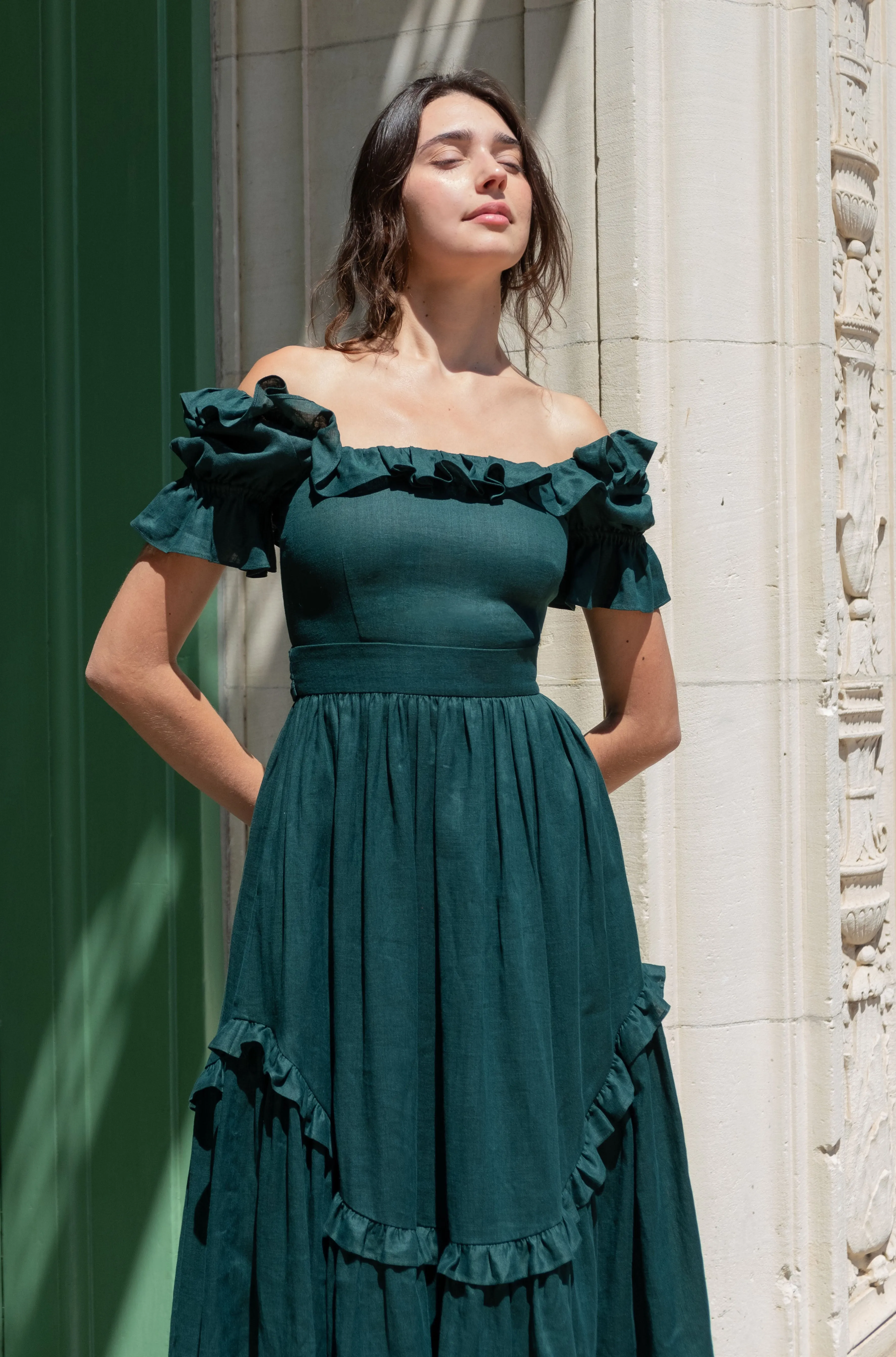 Adeline Dress in Juniper Linen sold by Of Her Own Kind