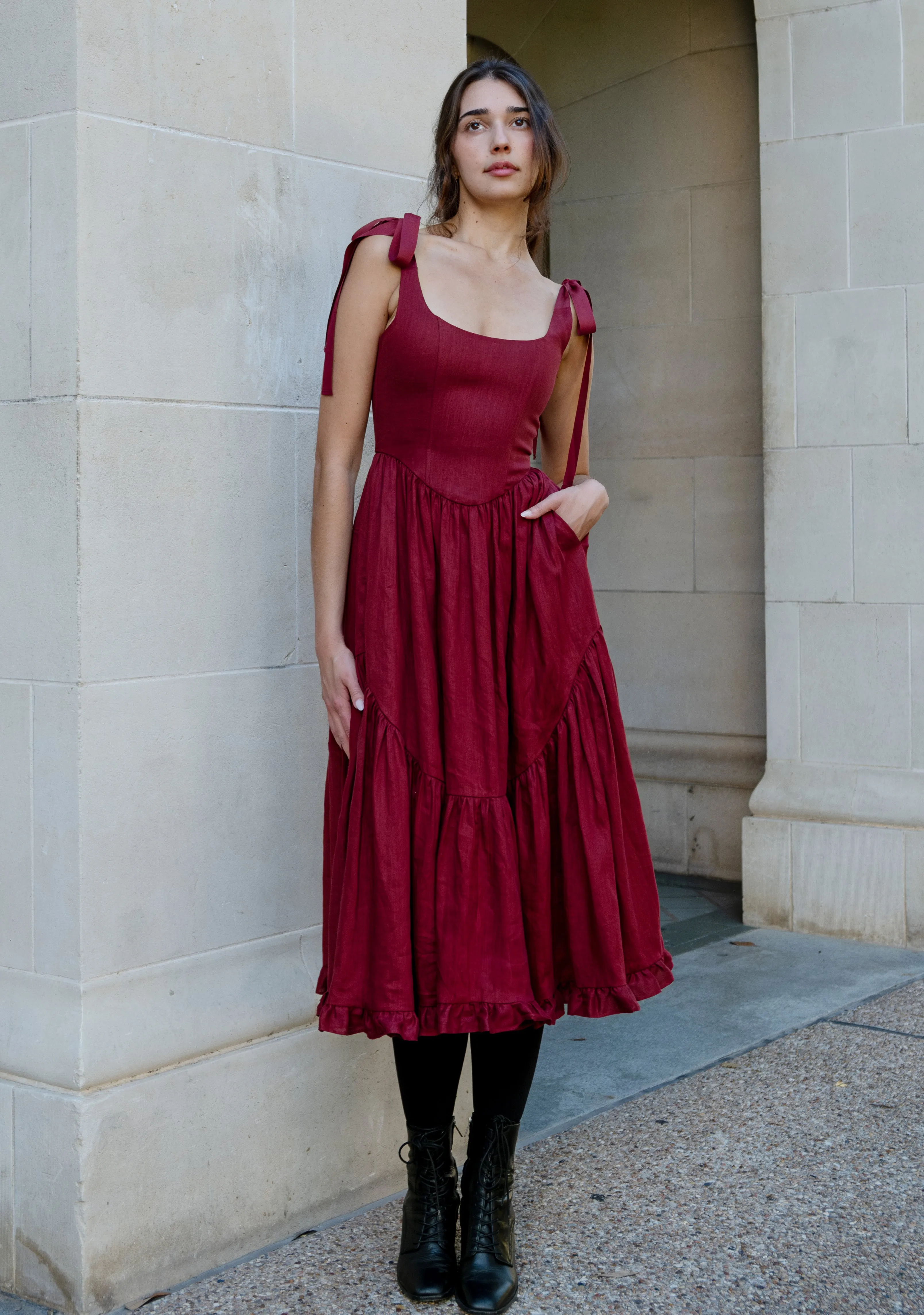 Mirabelle Dress in Burgundy Linen sold by Of Her Own Kind product image thumbnail 4