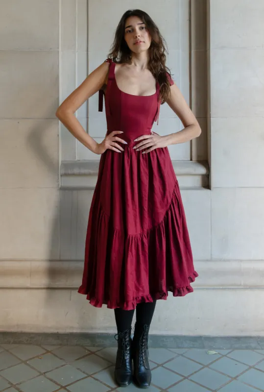 Mirabelle Dress in Burgundy Linen sold by Of Her Own Kind