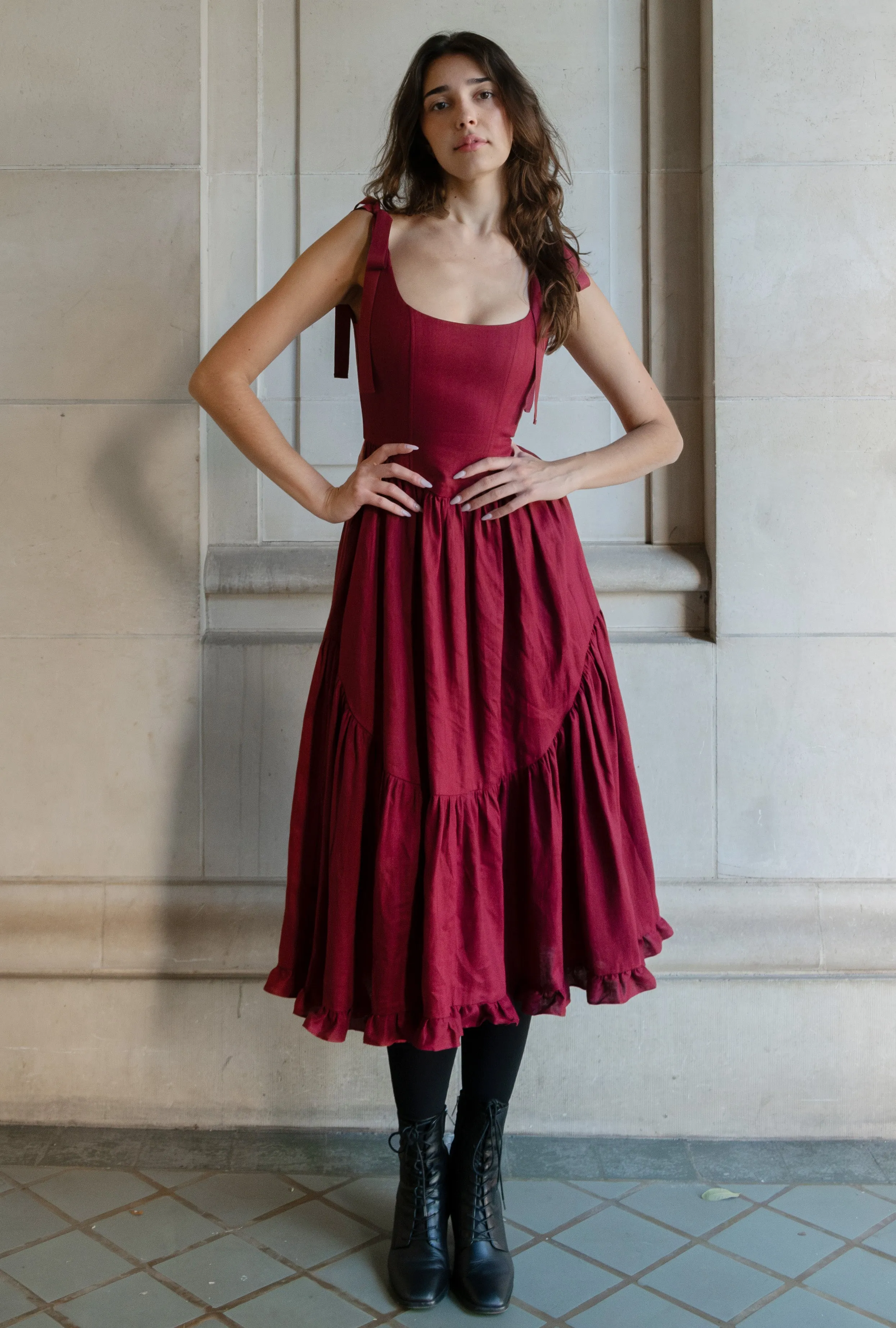 Mirabelle Dress in Burgundy Linen sold by Of Her Own Kind