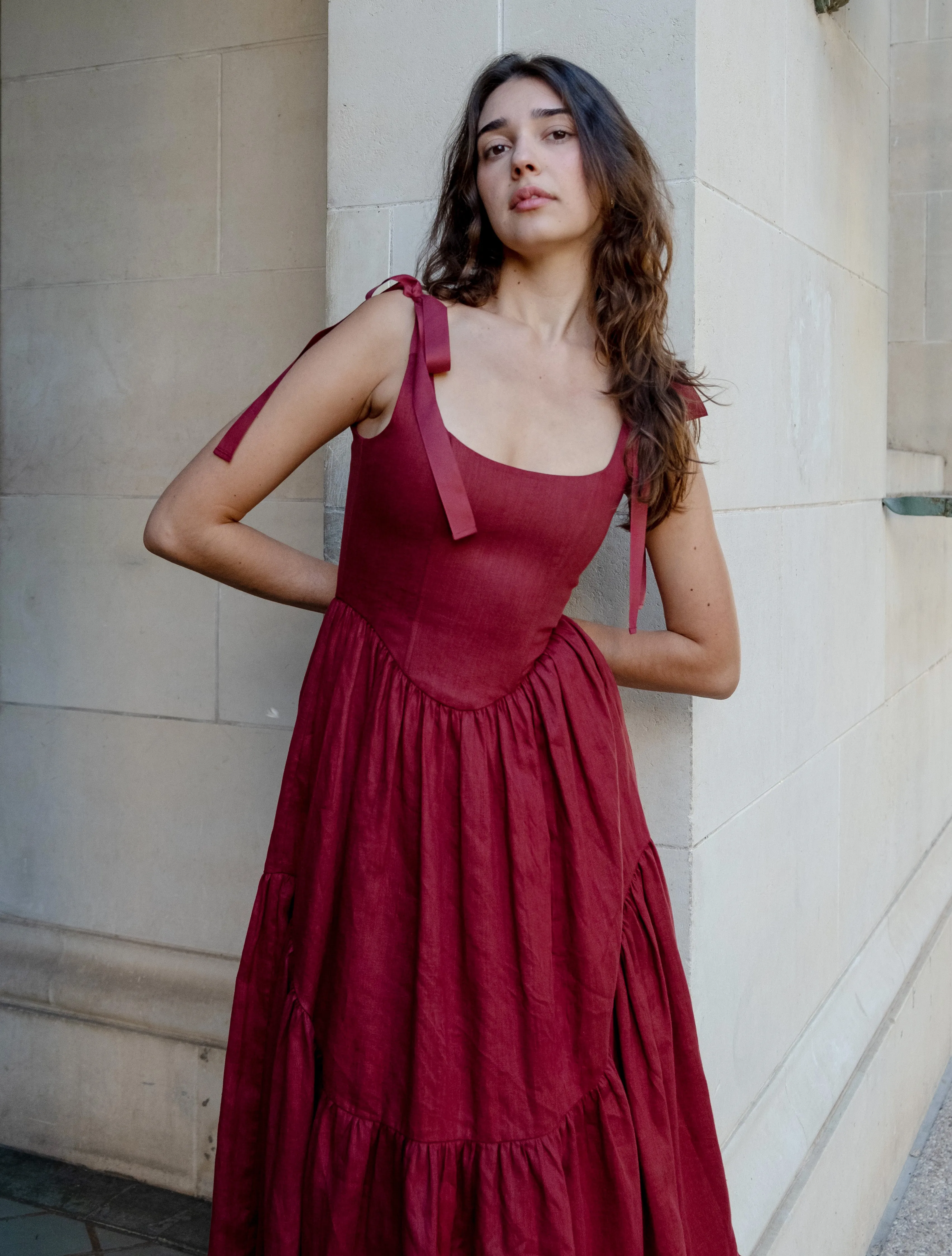 Mirabelle Dress in Burgundy Linen sold by Of Her Own Kind product image thumbnail 2