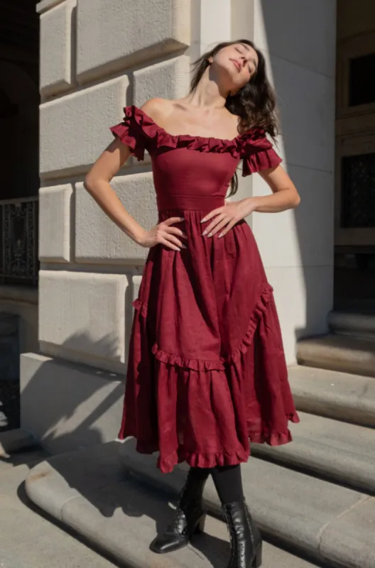 Adeline Dress in Burgundy Linen sold by Of Her Own Kind