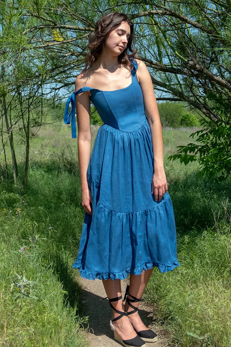 Mirabelle Dress in Indigo Linen sold by Of Her Own Kind