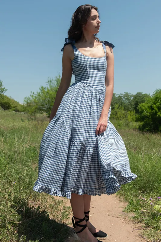 Mirabelle Dress in Dark Blue Gingham sold by Of Her Own Kind