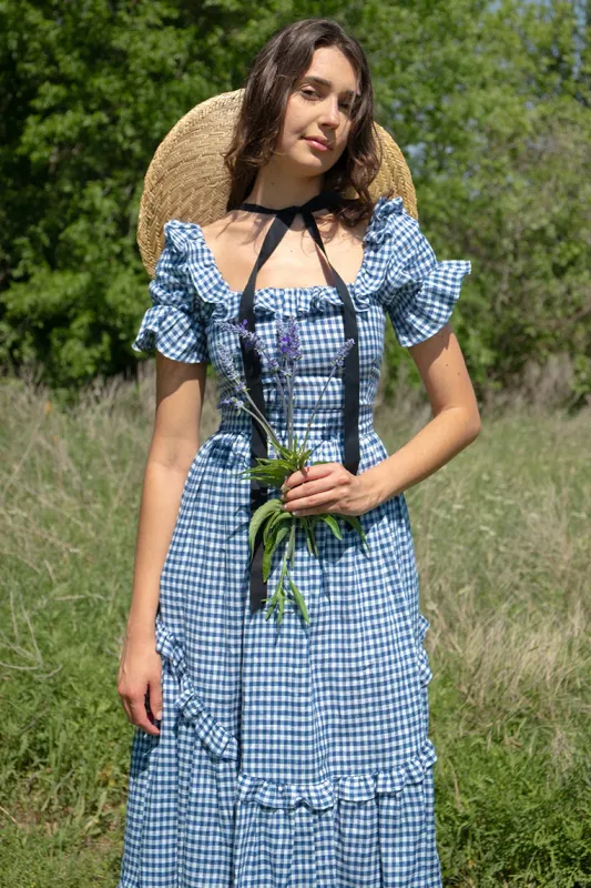Adeline Dress in Dark Blue Gingham sold by Of Her Own Kind