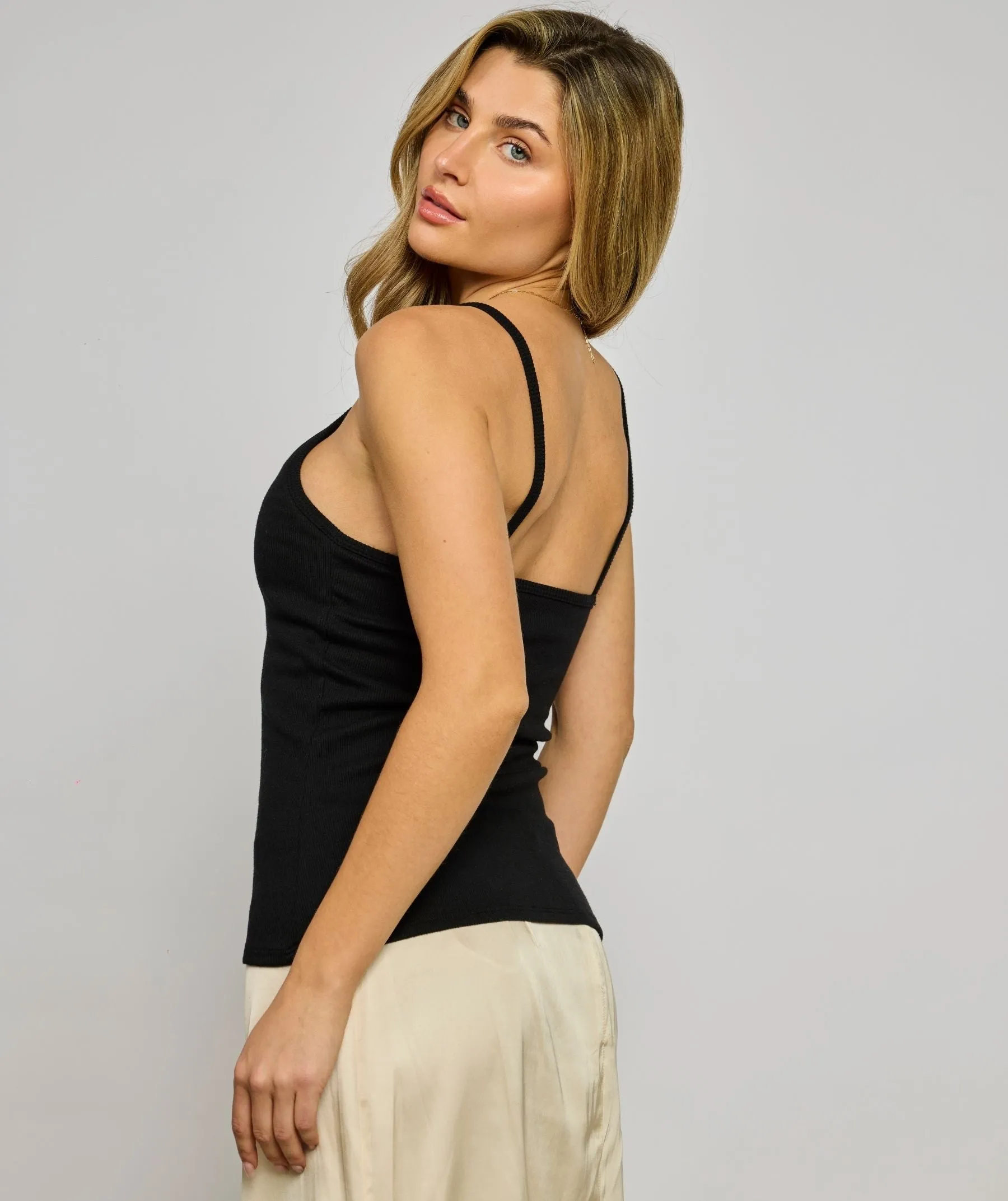The Simone Ribbed Strappy V-Neck Cami with Built-in Bra sold by SheBird product image thumbnail 4