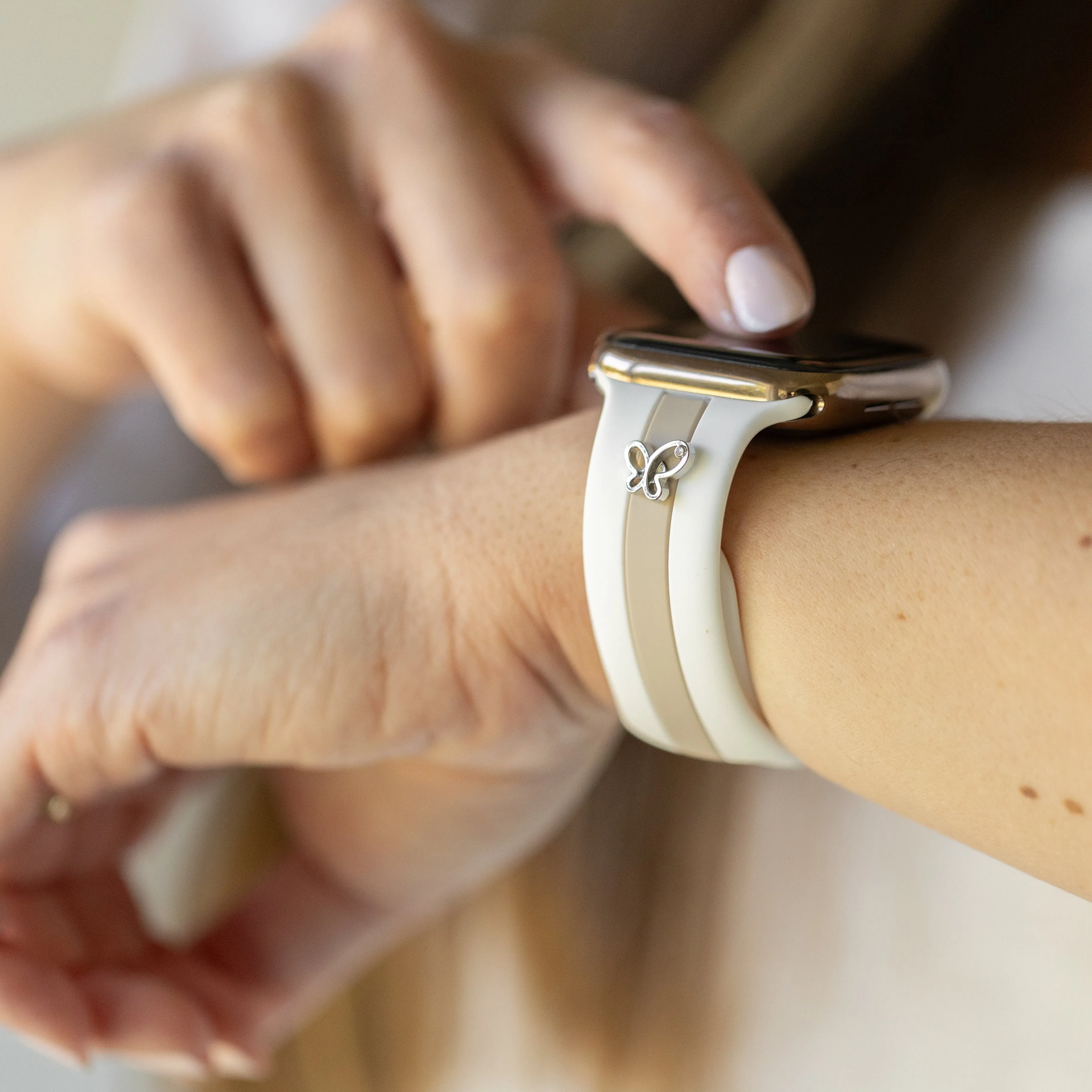 Chasing Butterflies 🦋 White & Nude Sand Smart Watch Band sold by Strawberry Avocados product image thumbnail 3
