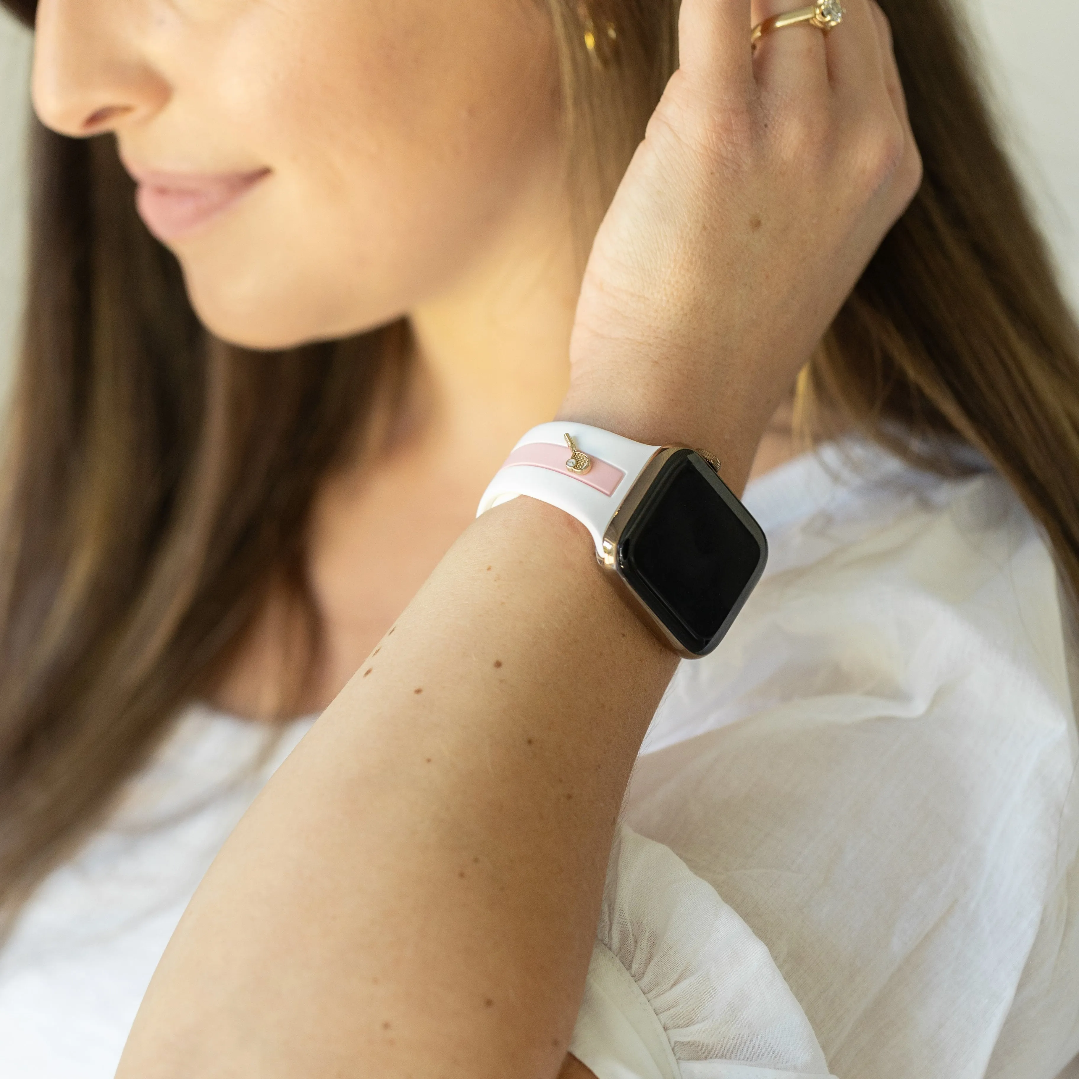 Let's Cause a Racket π White and Bubblegum Smart Watch Band sold by Strawberry Avocados product image thumbnail 2