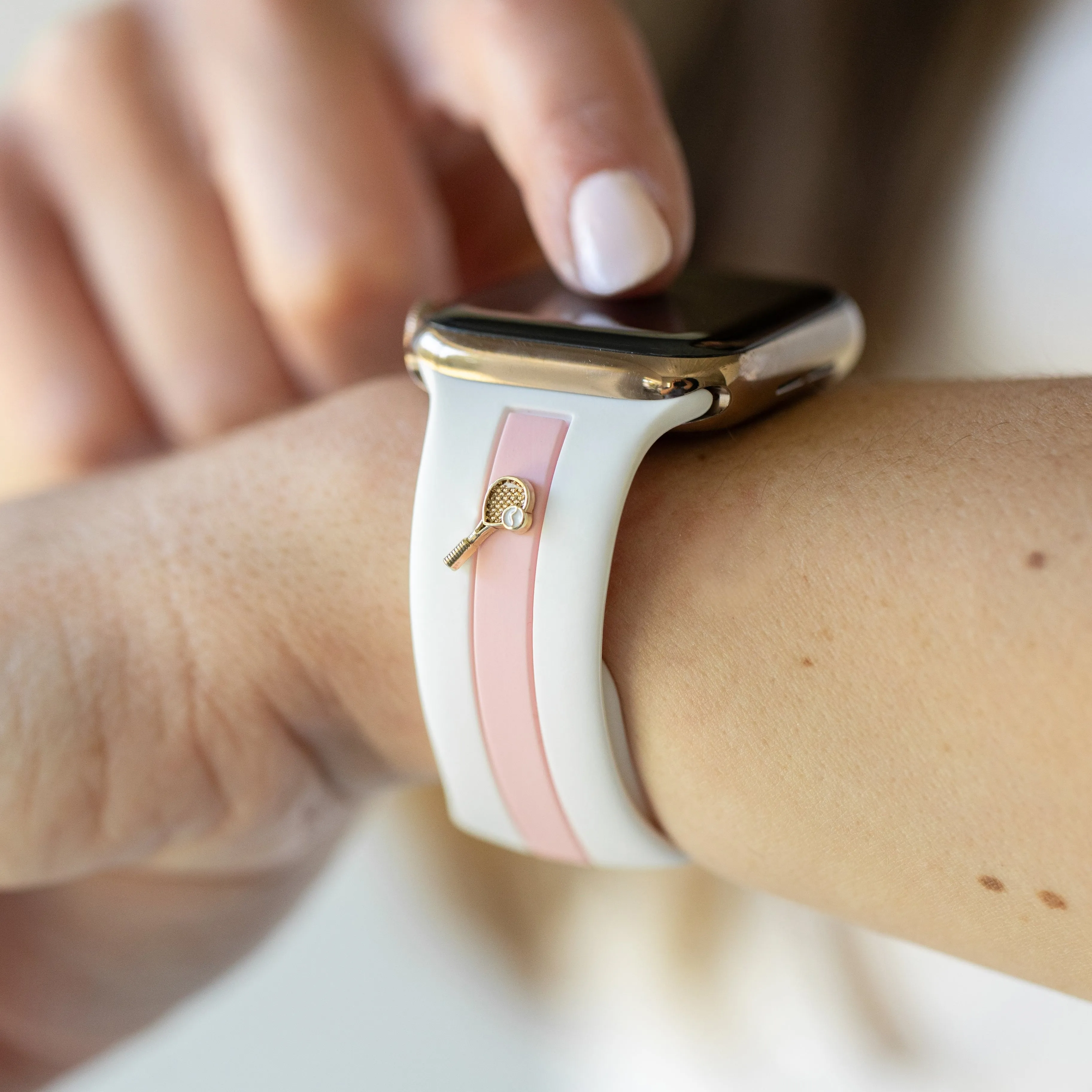 Let's Cause a Racket π White and Bubblegum Smart Watch Band sold by Strawberry Avocados product image thumbnail 3