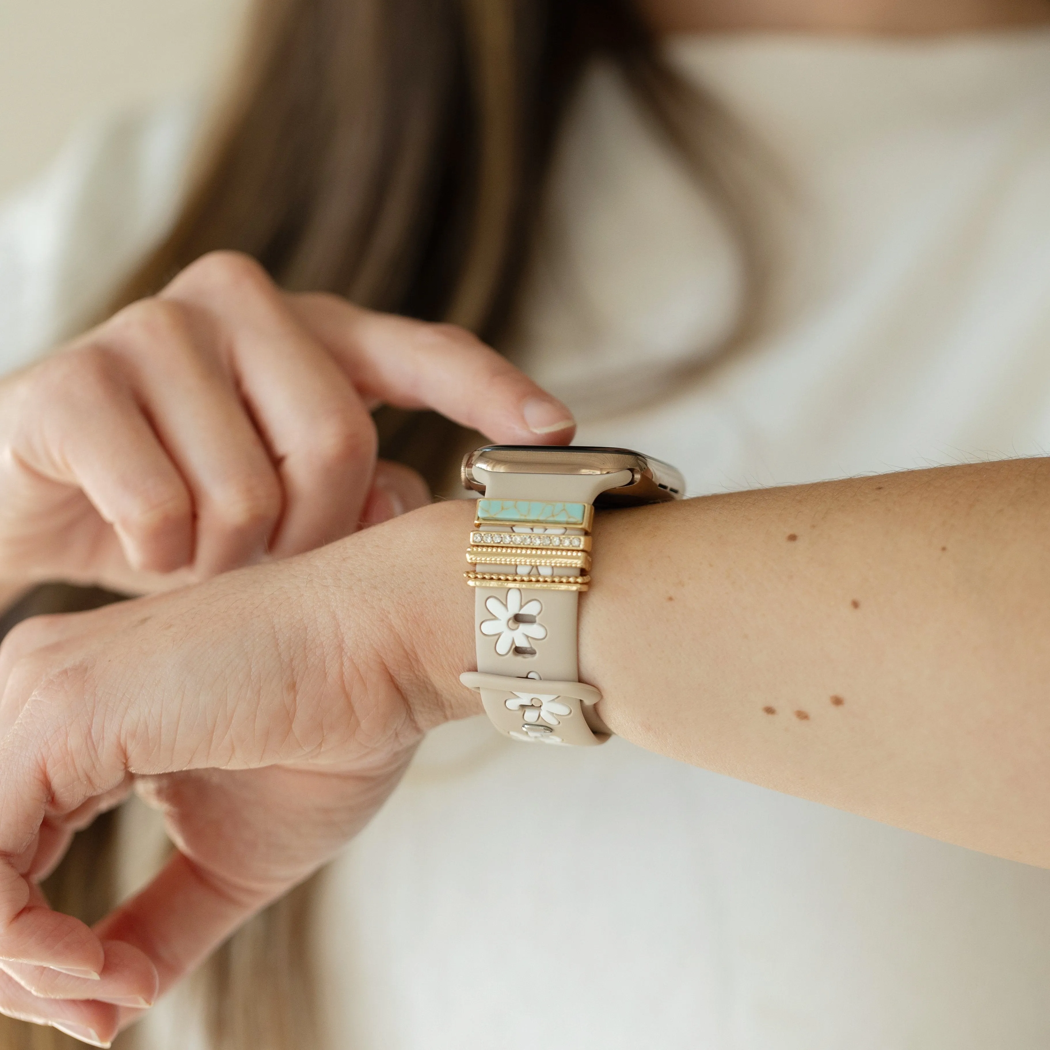 Eva Turquoise Daisy Nude & White Smart Watch Band sold by Strawberry Avocados