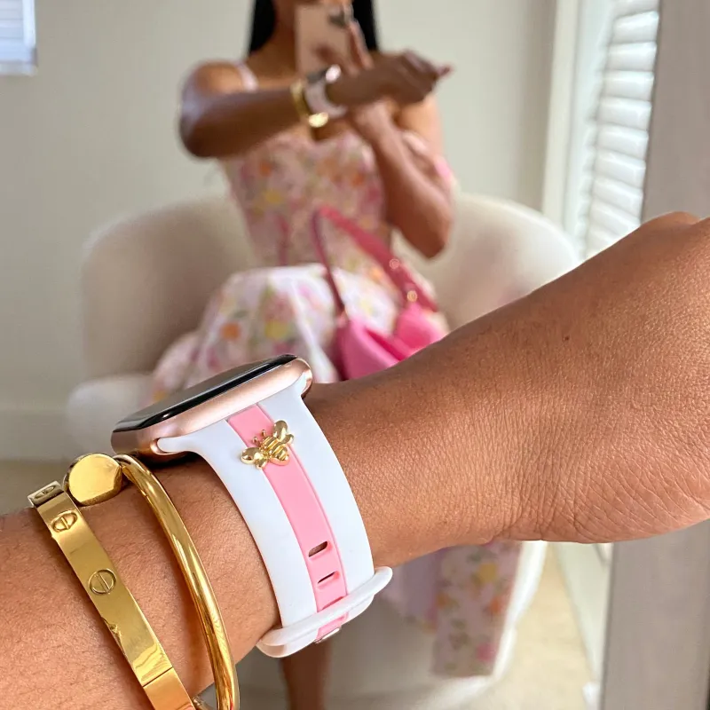 Skye White & Bubblegum Honey Bee Smart Watch Band sold by Strawberry Avocados