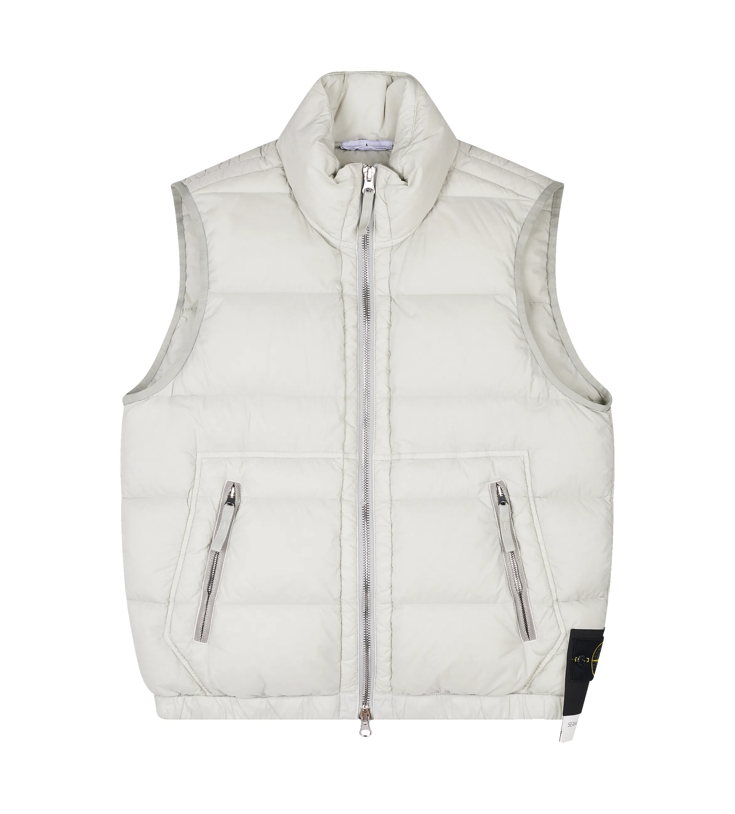 Stone Island Down vest with seamless feather tunnels and anti-drop in Pearl Grey sold by FOUR Amsterdam