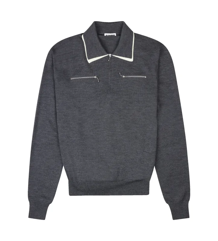 Contrast-Collar Wool Quarter-Zip Polo Shirt Ash Grey sold by FOUR Amsterdam