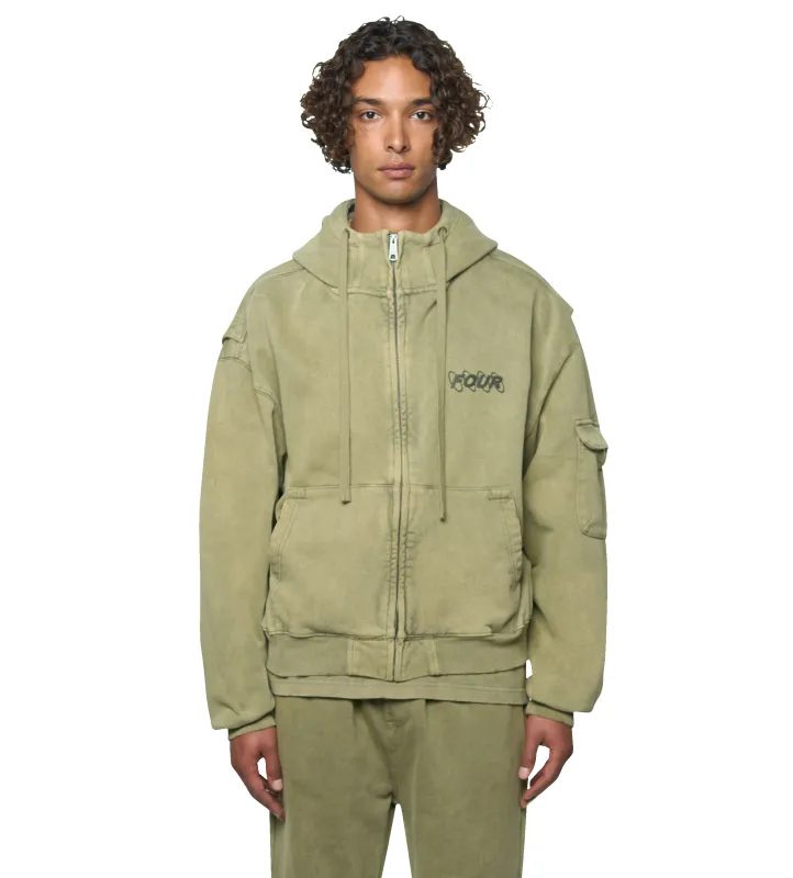 Circles Boxy Zip Up Hoodie Washed Moss Green sold by FOUR Amsterdam