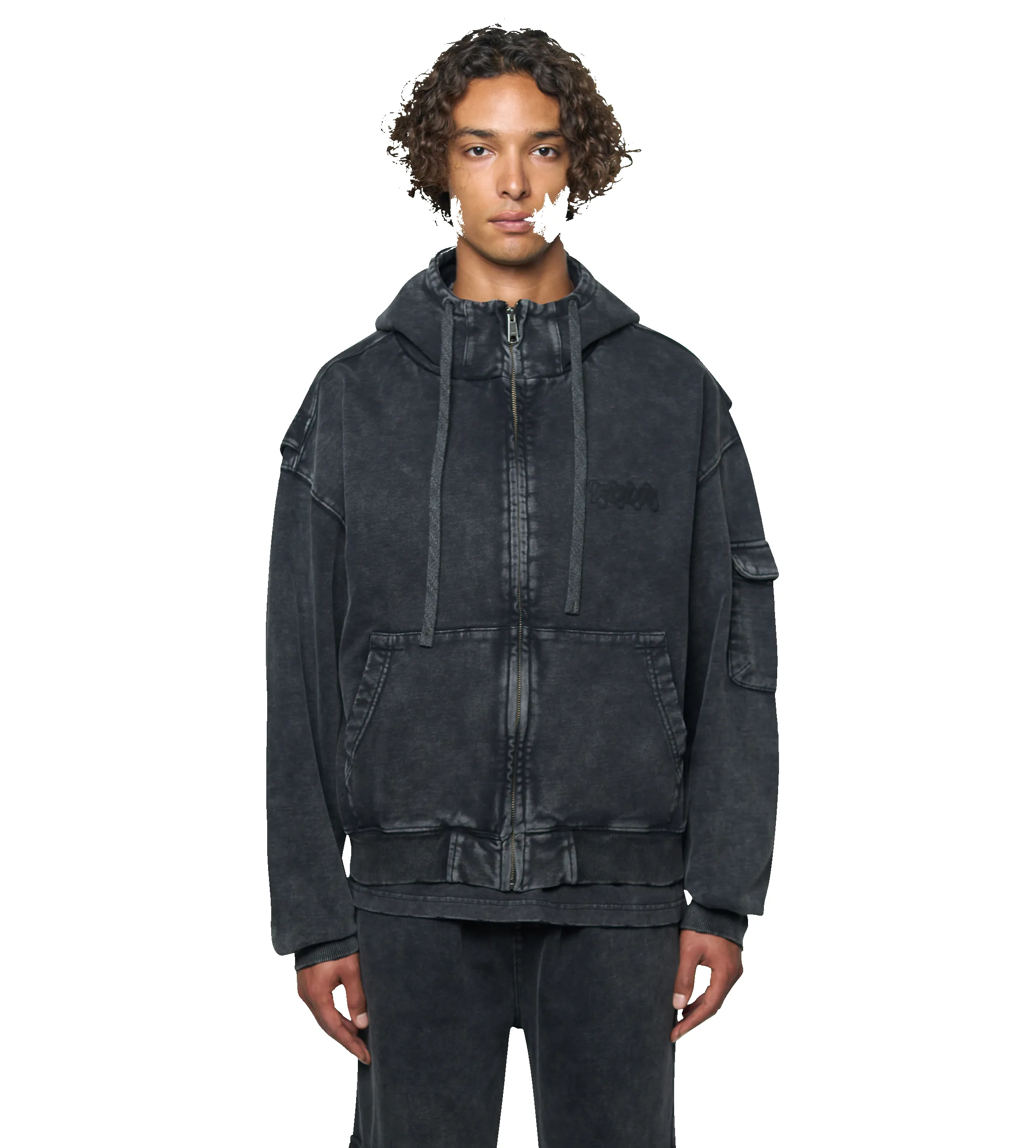 Circles Boxy Zip Up Hoodie Washed Black sold by FOUR Amsterdam