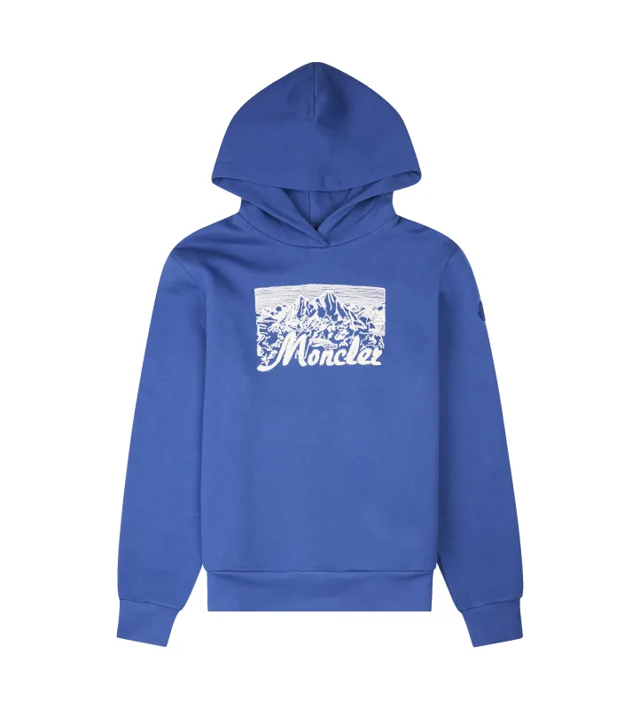 Moncler Embroidered Mountain Logo Cotton Hoodie in Blue sold by FOUR Amsterdam