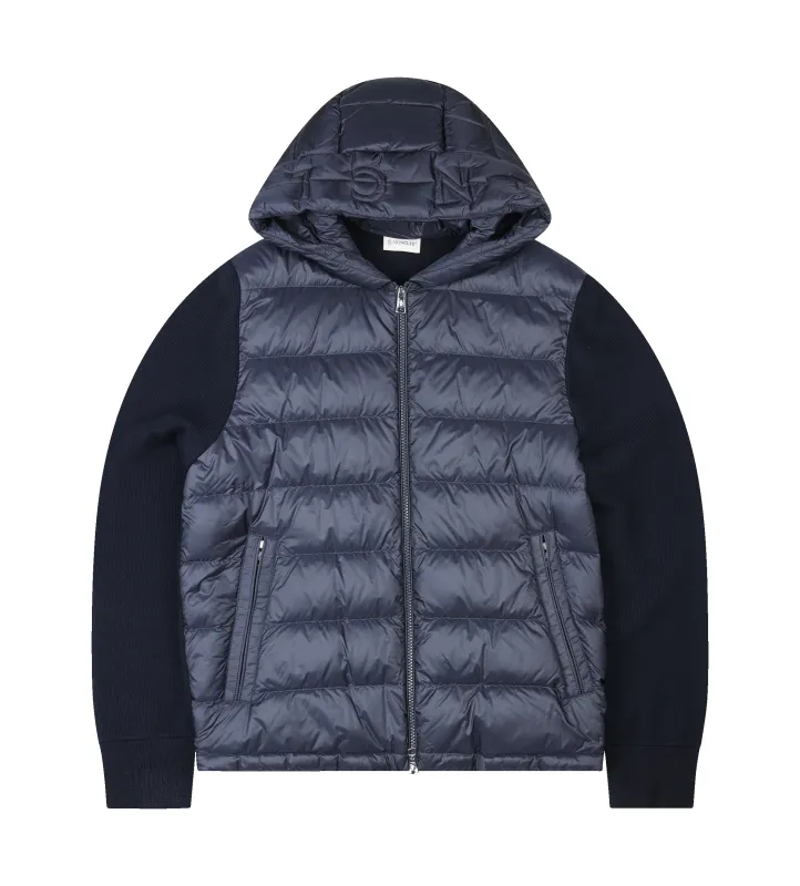 Moncler Quilted Down Cardigan with Hood and Logo Detail in Navy sold by FOUR Amsterdam