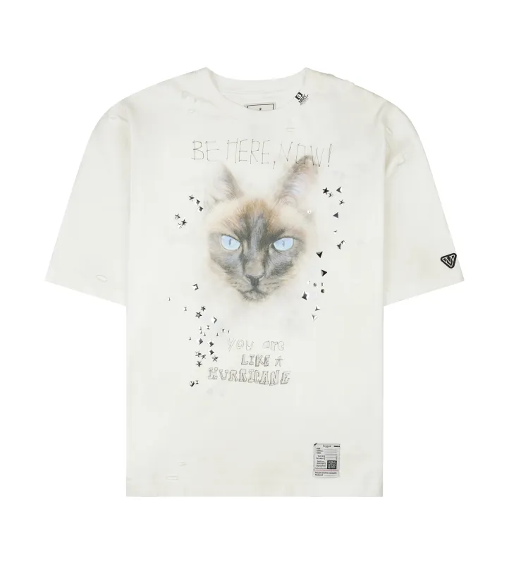 Maison Mihara YASUHIRO Cat Printed Embellished Distressed T-Shirt in White sold by FOUR Amsterdam