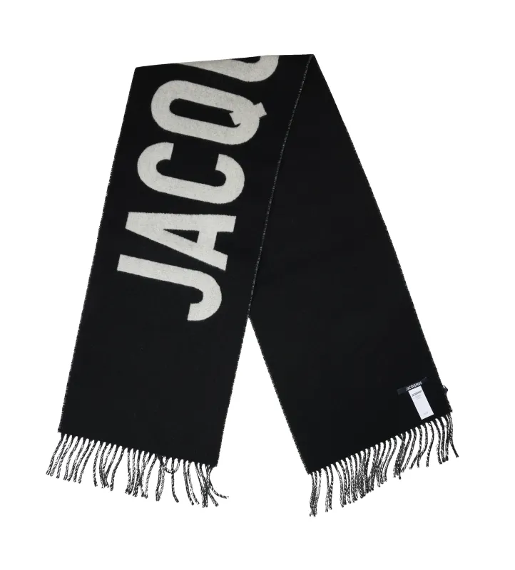 Jacquemus Wool Scarf with Logo & Fringes in Black sold by FOUR Amsterdam