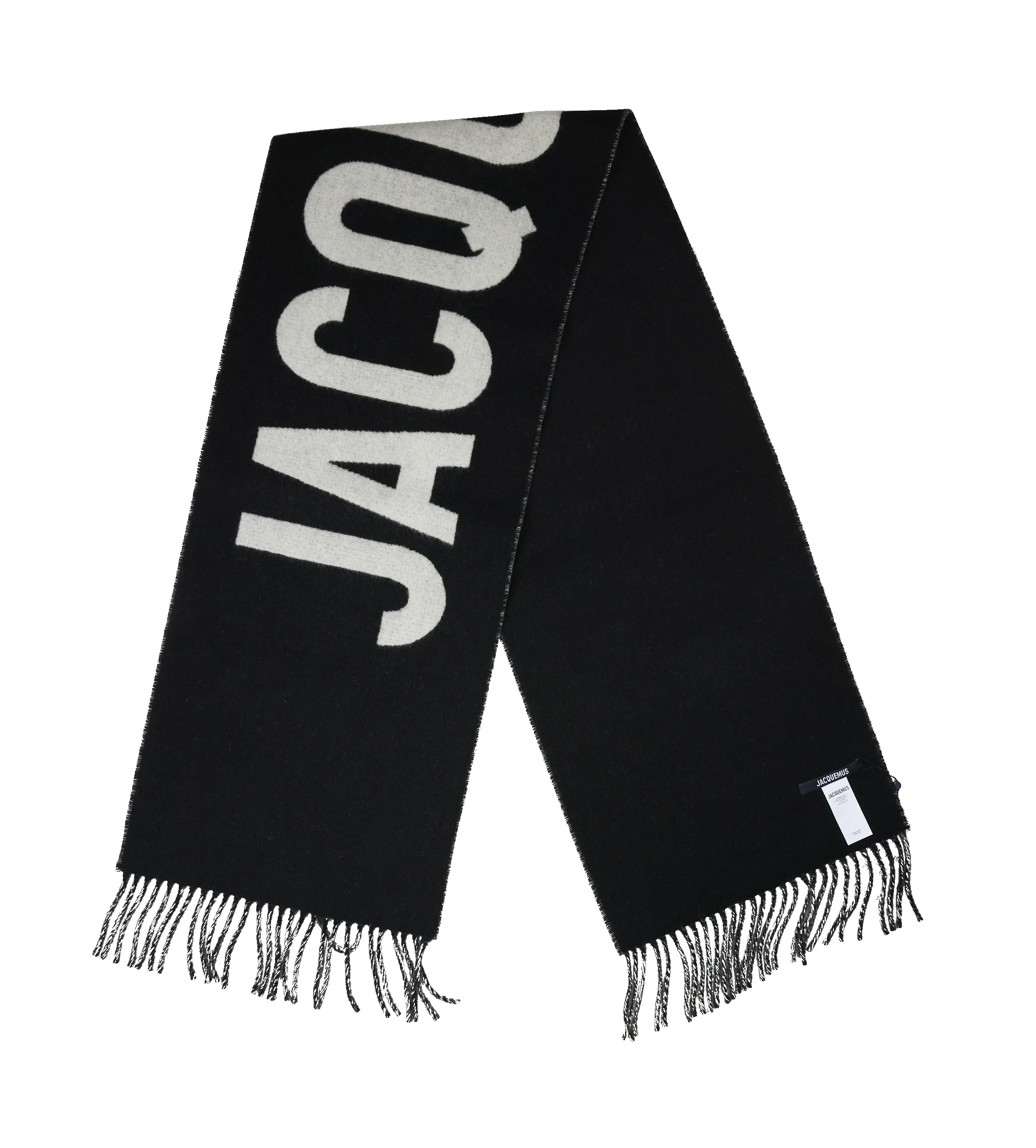 Jacquemus Wool Scarf with Logo & Fringes in Black sold by FOUR Amsterdam