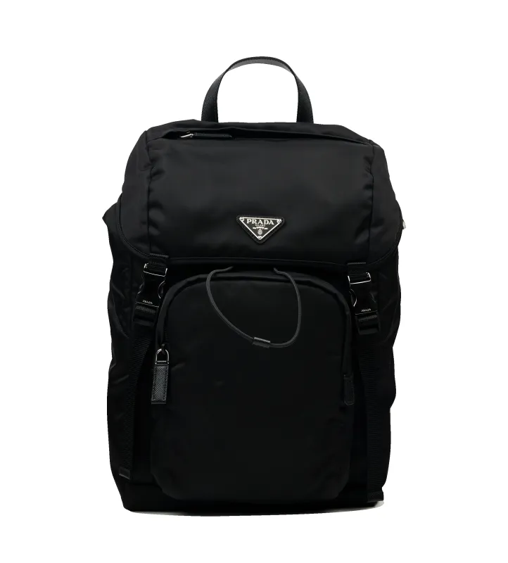 Prada Re-Nylon and Saffiano Leather Backpack in Black sold by FOUR Amsterdam