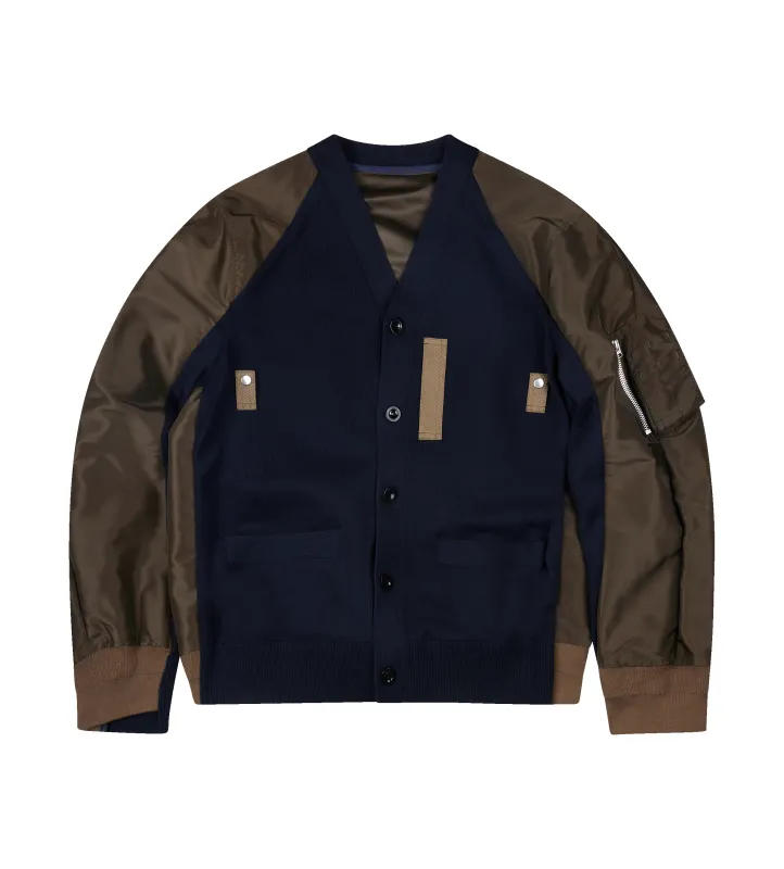 Sacai Nylon Twill x Knit Cardigan in Navy / Dark Khaki sold by FOUR Amsterdam