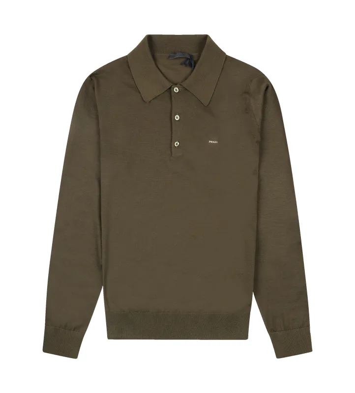 Prada Long-Sleeved Superfine Wool Polo Shirt in Military Green sold by FOUR Amsterdam