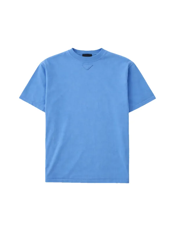 Ribbed Crew Neck Cotton T-Shirt in Blue made by Prada