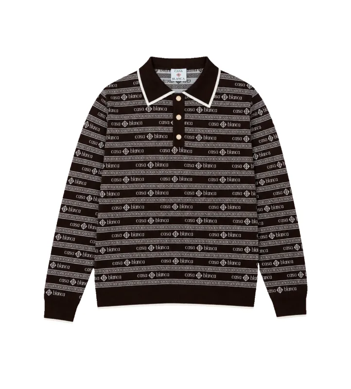 Knit Logo Long Sleeve Polo Shirt Dark Brown made by Casablanca