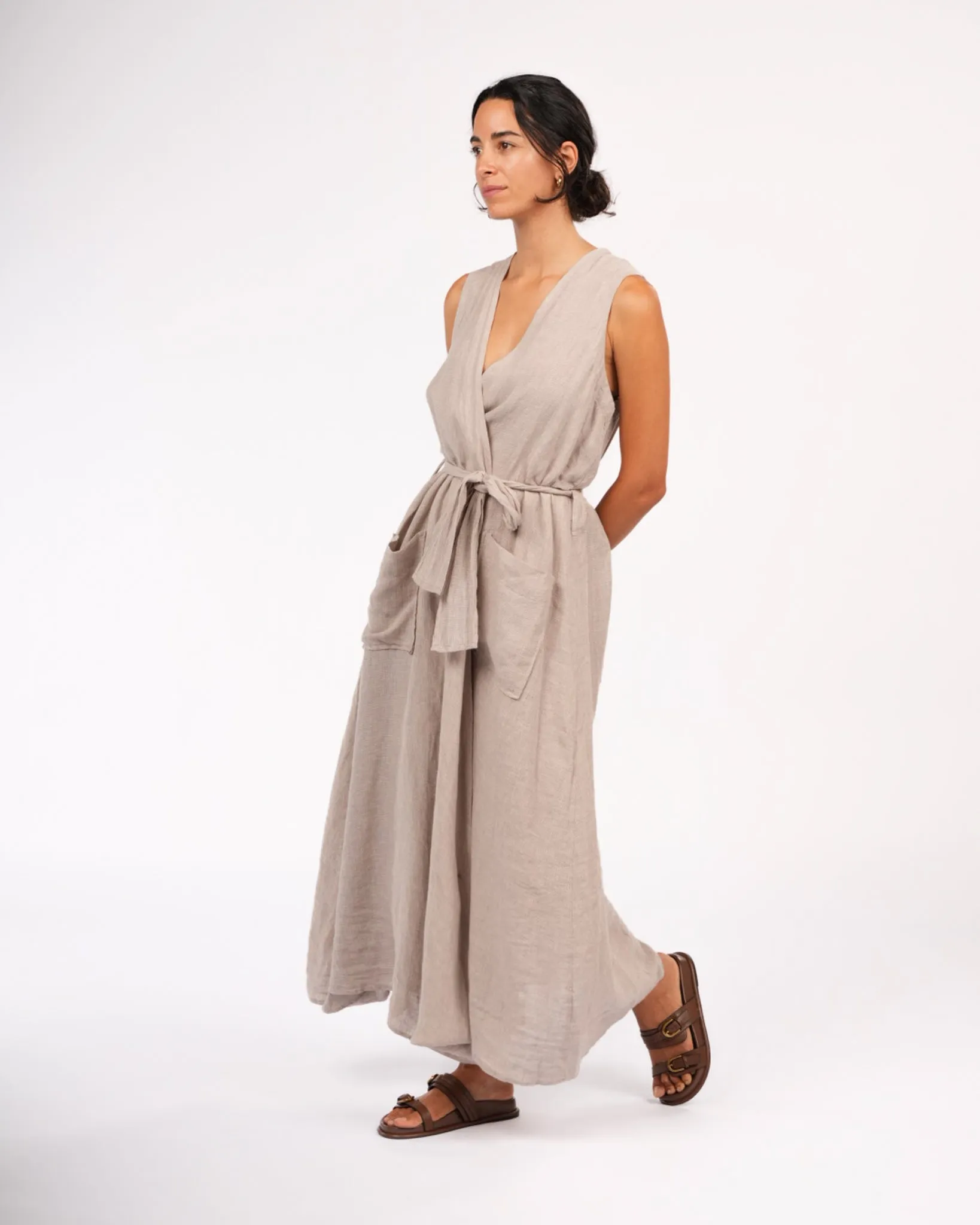 Geneviève Wrap-Around French Linen Dress in Natural Houndstooth sold by Montaigne product image thumbnail 2