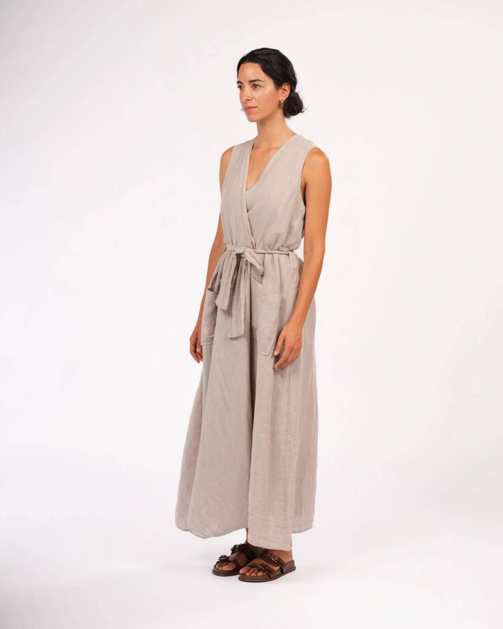 Geneviève Wrap-Around French Linen Dress in Natural Houndstooth sold by Montaigne product image thumbnail 4
