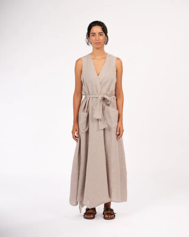 Geneviève Wrap-Around French Linen Dress in Natural Houndstooth made by Montaigne