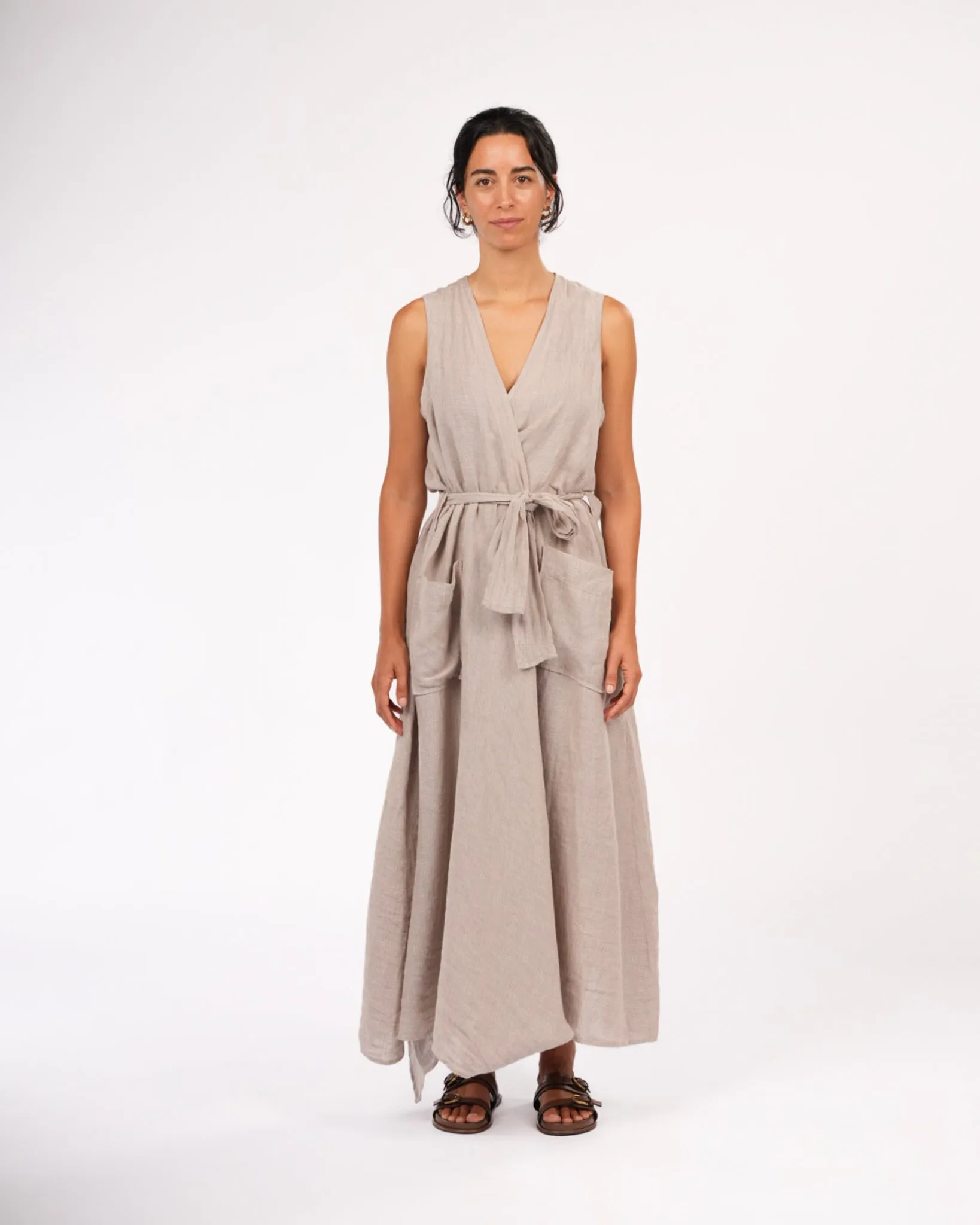 Geneviève Wrap-Around French Linen Dress in Natural Houndstooth sold by Montaigne