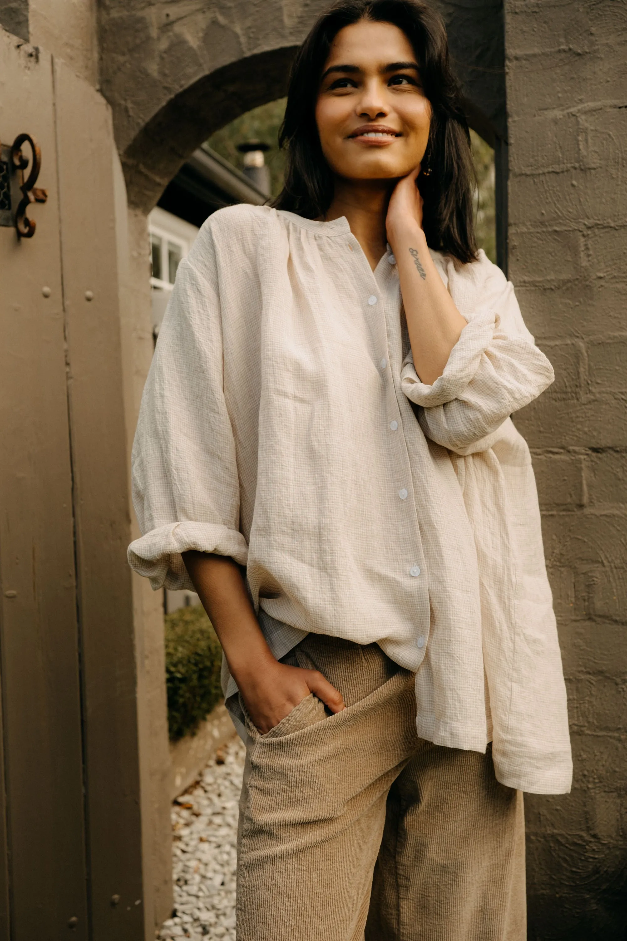 Carmen Linen Top in Fine Houndstooth sold by Montaigne