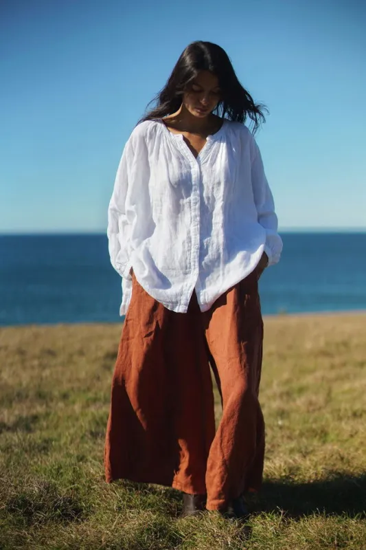 Carmen Button Through Long Sleeve Linen Top made by Montaigne