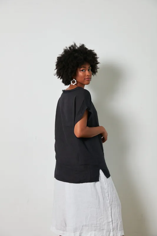 European Linen Short Sleeve Top with Semi Cowl Neck made by Montaigne