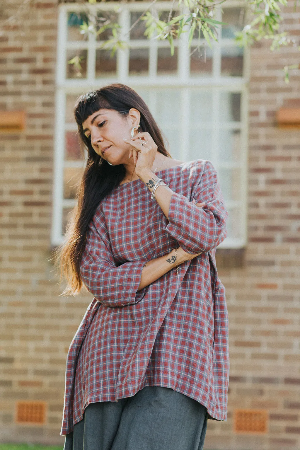 French Linen Tunic Top in Check sold by Montaigne product image thumbnail 5