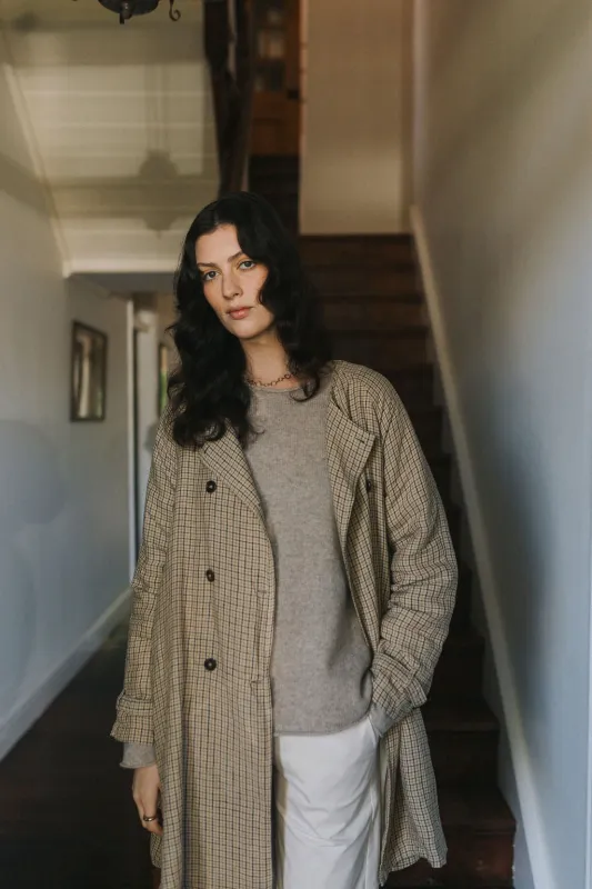 Berg French Linen Collarless Peacoat in Brown Check made by Montaigne