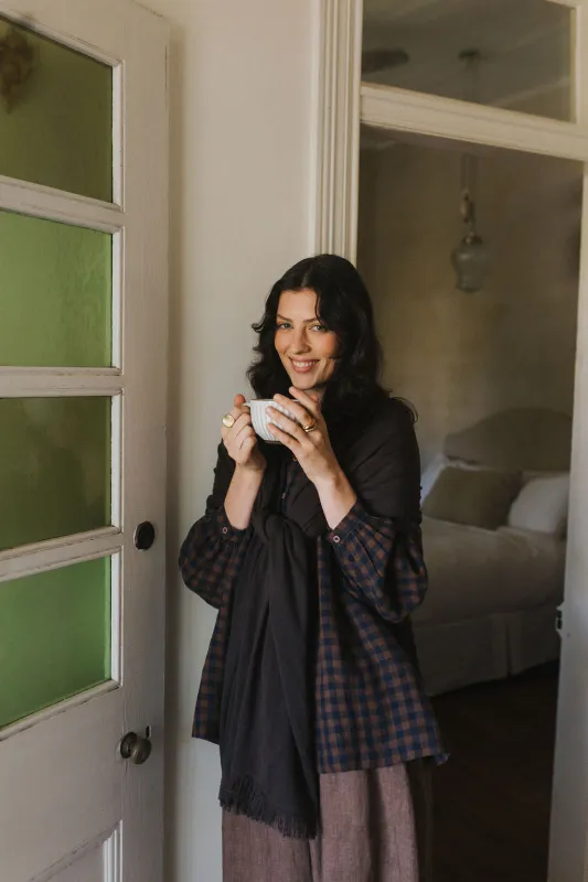 Carmen Button Through Long Sleeve Top in Blue Brown Check made by Montaigne