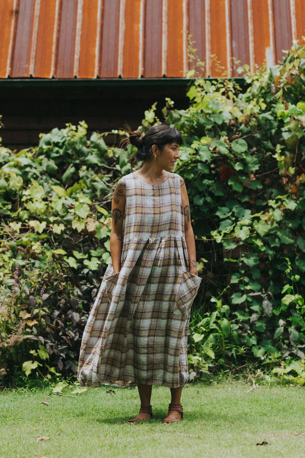 Sartene French Linen Dress in Pistachio Check sold by Montaigne