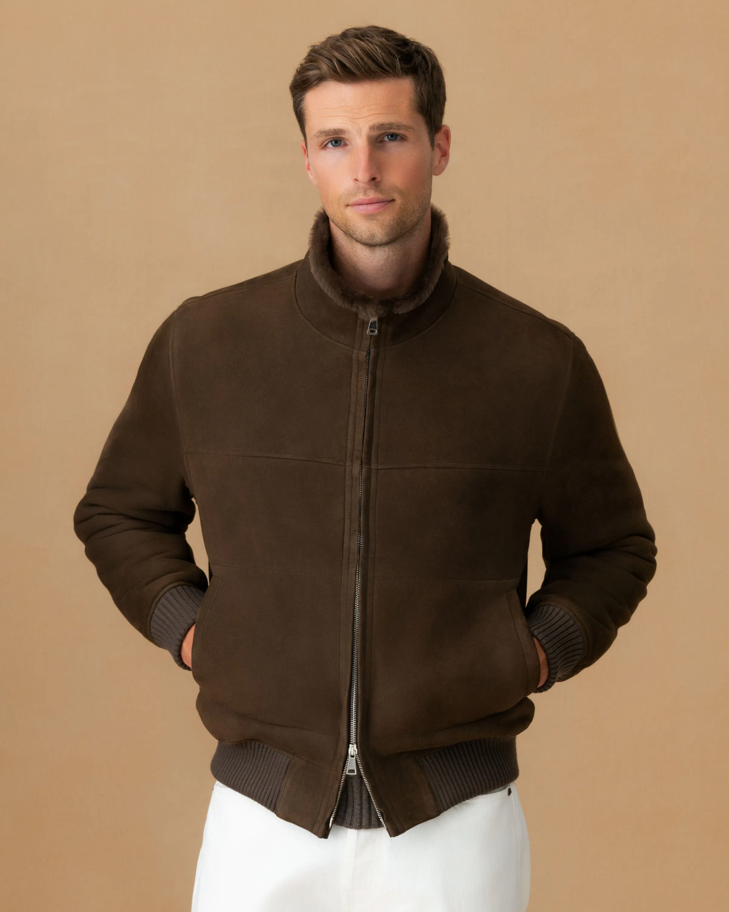 Suede Shearling Mock Collar Bomber Jacket sold by Thom Sweeney product image thumbnail 2
