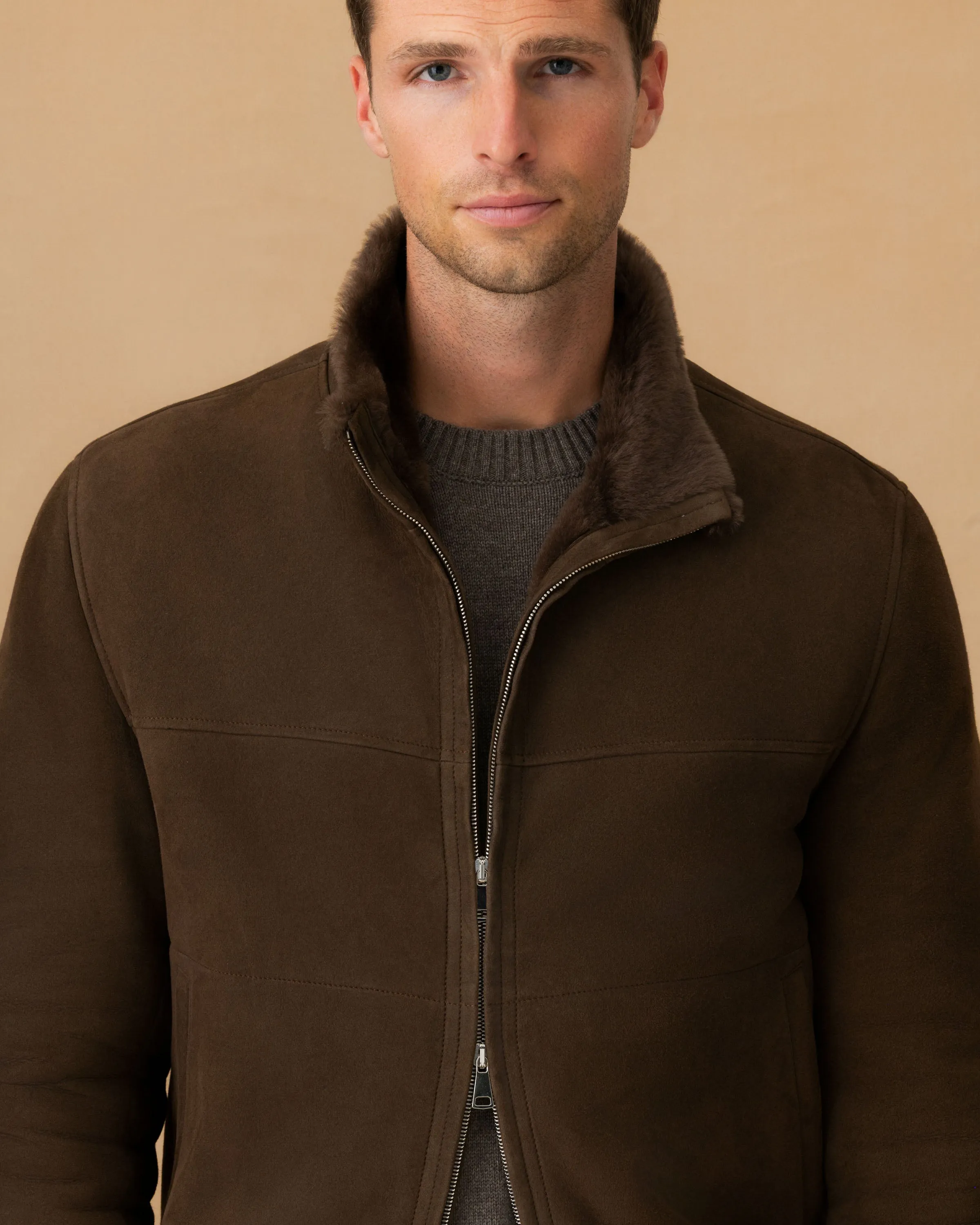 Suede Shearling Mock Collar Bomber Jacket sold by Thom Sweeney product image thumbnail 3