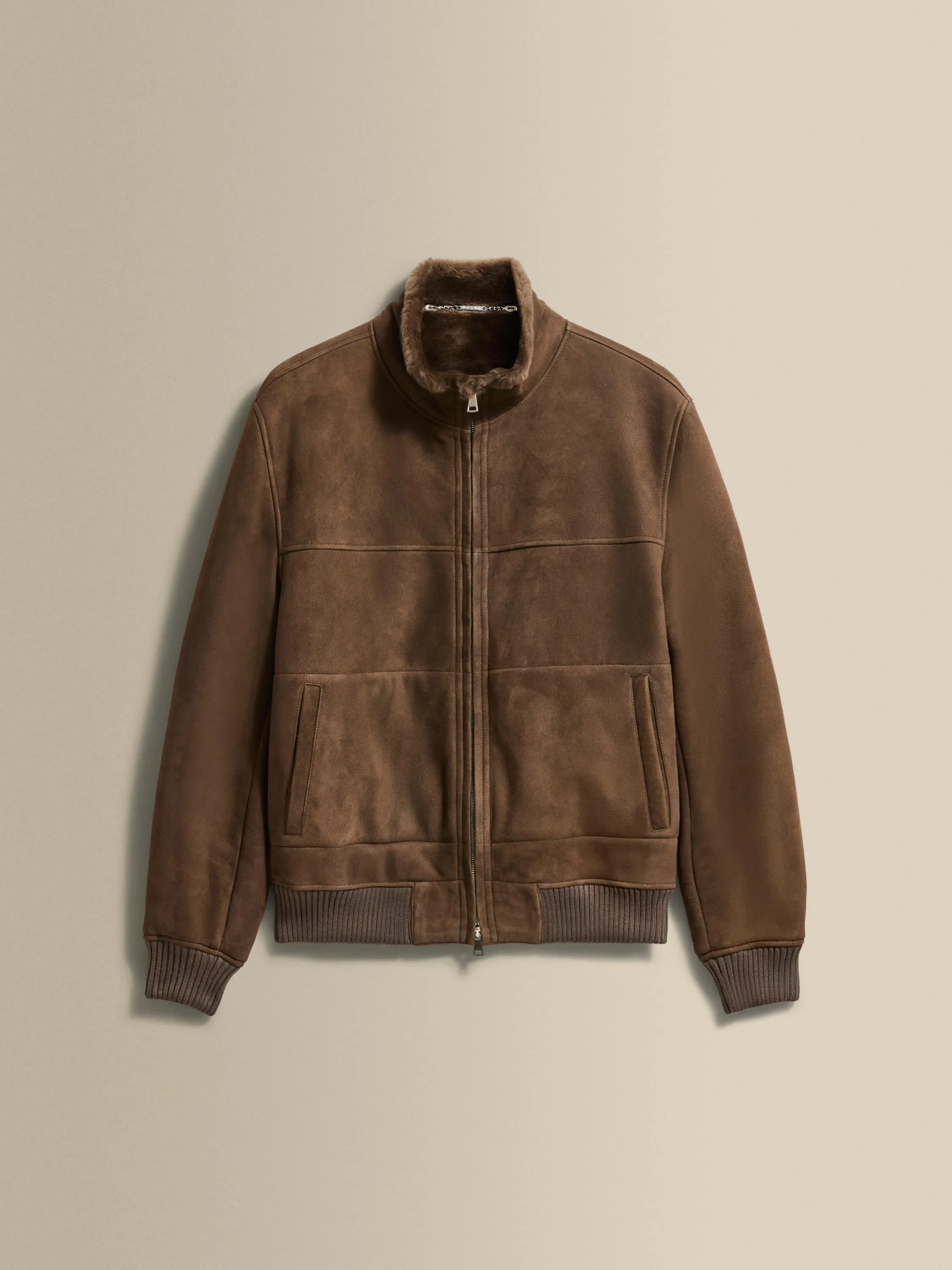 Suede Shearling Mock Collar Bomber Jacket sold by Thom Sweeney