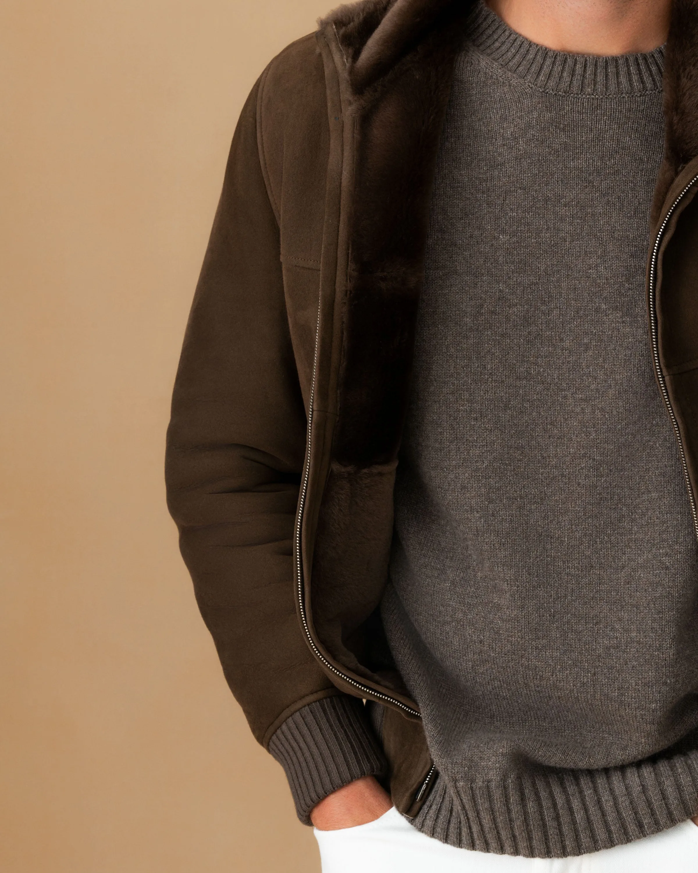 Suede Shearling Mock Collar Bomber Jacket sold by Thom Sweeney product image thumbnail 4