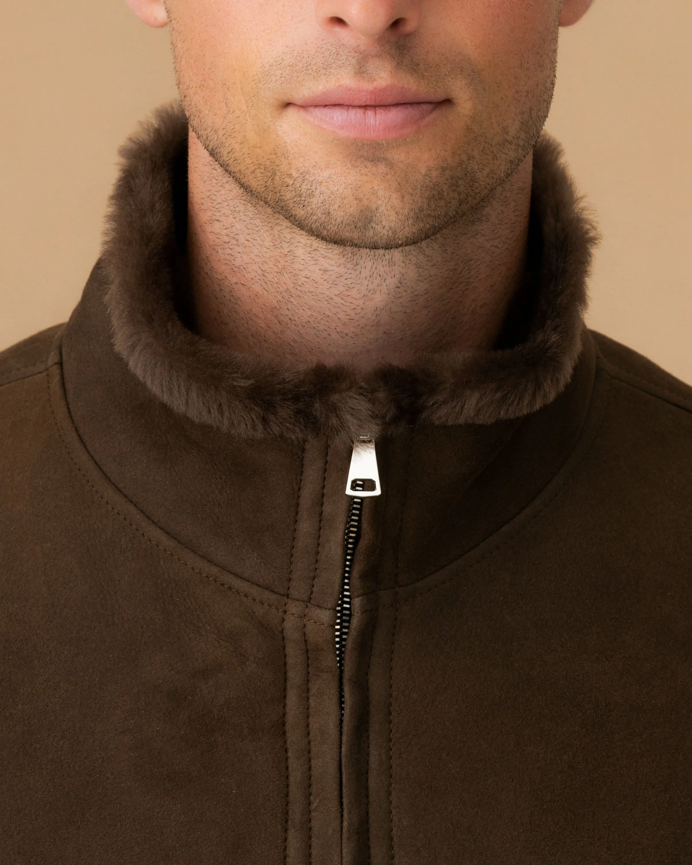 Suede Shearling Mock Collar Bomber Jacket sold by Thom Sweeney product image thumbnail 5